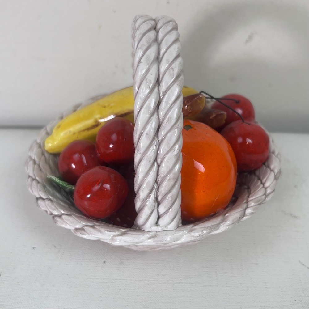 Ceramic Fruit Basket Figurine Bananas Cherries Orange Rope Design Decor